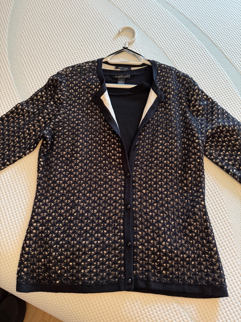 Anne Klein Black and Cream Openwork Button-Front Cardigan L